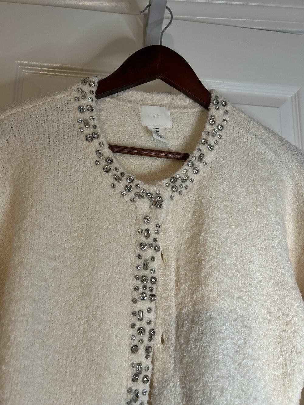 H&M Cream Bouclé Embellished Cardigan Sweater Size M Rhinestone